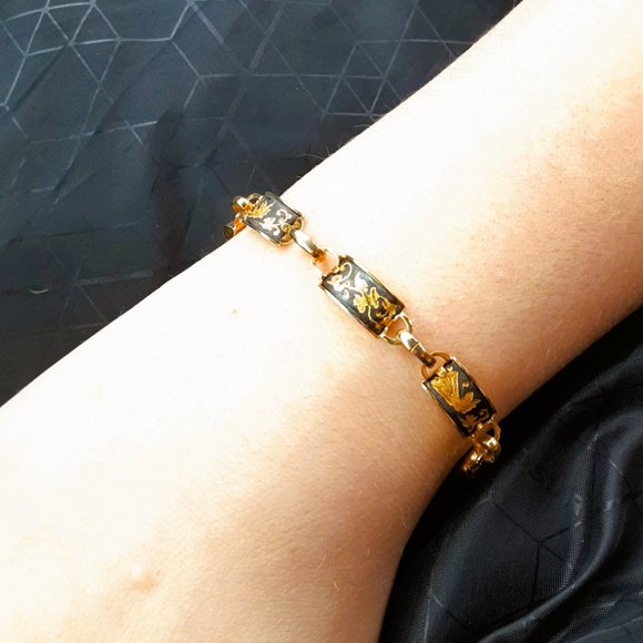 Damascene Etched Link Panel Bracelet 6" Black & Gold Etched with Safety Chain - Picture 1 of 10